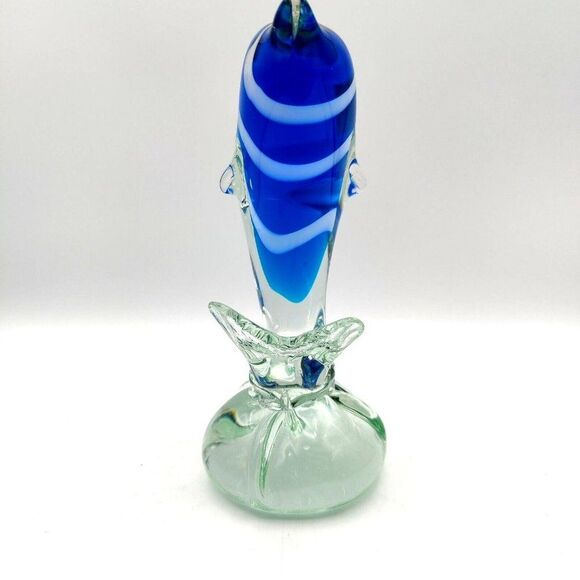 Vintage Striped Glass Dolphin Hand Blown Blue White Art Glass Sculpture 7" Rare - Picture 3 of 13